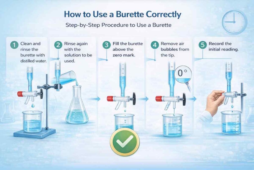 Step-by-step procedure showing how to use a burette correctly including cleaning, rinsing, filling, removing air bubbles and recording readings