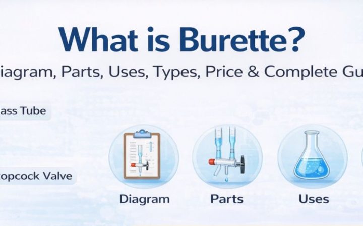 What is burette complete guide banner showing burette diagram, parts, uses, types and burette price in India