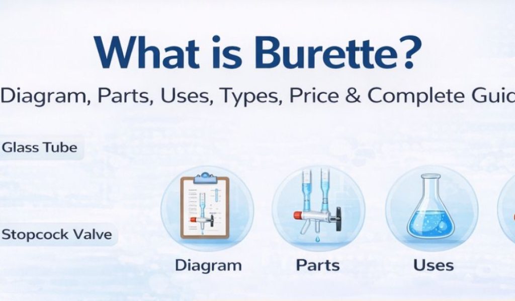 What is burette complete guide banner showing burette diagram, parts, uses, types and burette price in India